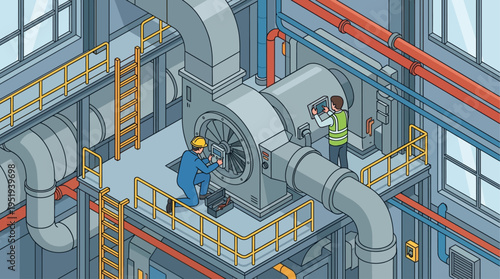 Isometric Industrial Technician Team Inspecting HVAC Machinery in Modern Factory, Flat Vector Illustration of Engineers Monitoring Equipment Performance