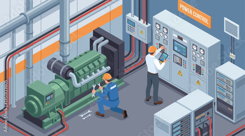 Isometric Industrial Technician Team Repairing Generator in Power Plant Control Room, Technical Maintenance Workers with Tools and Digital Tablet Monitoring Electrical Equipment