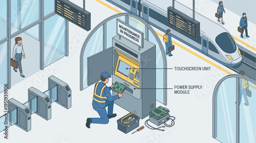 Isometric Technician Repairing Ticket Machine at Modern Train Station - Railway Maintenance, Public Transit Infrastructure, Urban Transportation Technology