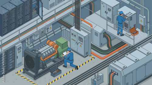 Isometric Industrial Technician Inspecting Power Generator in Modern Factory, Engineer Maintenance Work in Technical Facility, Vector Illustration
