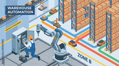 Isometric Warehouse Automation Technician Repairing Robotic Arm in Smart Factory Logistics Center with AGV Robots and Automated Storage Systems