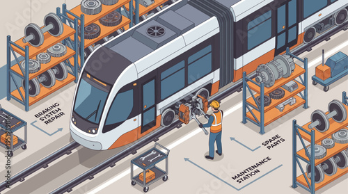 Isometric Railway Technician Repairing Modern Tram at Maintenance Workshop with Spare Parts Storage
