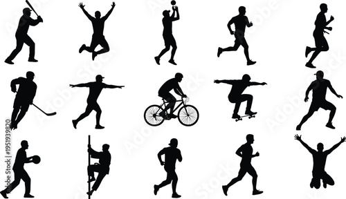 Silhouettes of athletes performing diverse sports activities including running, cycling, skateboarding, basketball, hockey, climbing, dancing, vector illustration