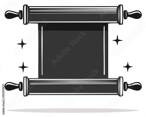Vintage scroll paper with handles and stars, black and white illustration