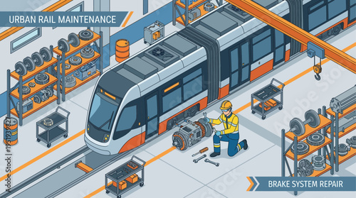 Isometric Railway Technician Repairing Modern Tram Brake System in Urban Transit Maintenance Workshop with Industrial Equipment and Safety Gear