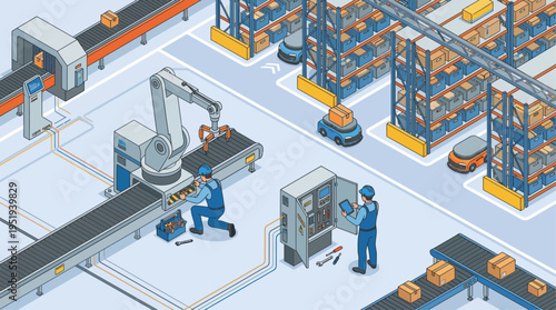 Isometric Smart Factory with Robotic Arm and Technician Repairing Automation System in Modern Warehouse