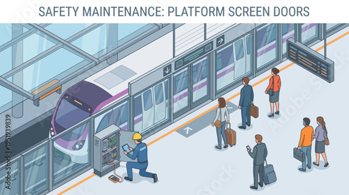 Isometric Technician Repairing Platform Screen Doors at Modern Subway Station with Commuters Waiting for Train