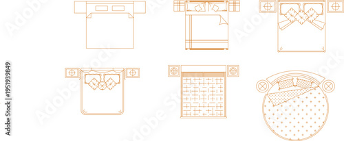 Technical interior design plan view showing various bed layouts with different headboard designs, bedding patterns and night table arrangements.