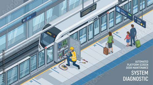 Isometric Technician Repairing Automated Train Platform Screen Door System at Modern Subway Station with Passengers Waiting