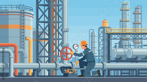 Isometric Industrial Technician Inspecting Oil Refinery Pipeline Pressure Gauge, Petrochemical Engineer in Safety Equipment Working at Energy Plant