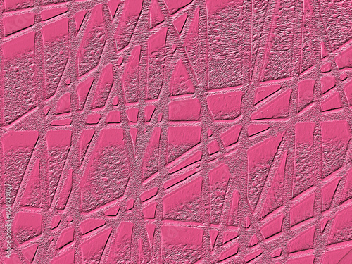 Abstract geometric pattern in bright pink, featuring textured raised shapes resembling irregular shards or tiles, creating a bold modern background with strong visual structure.