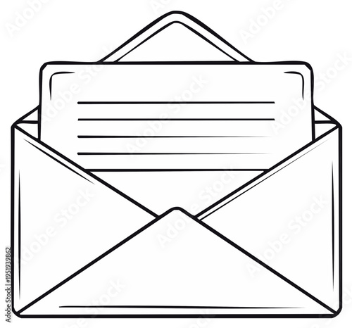 Open envelope with letter inside line art illustration