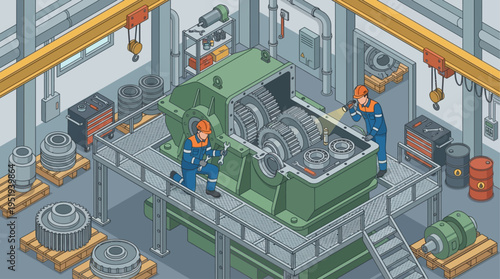 Isometric Industrial Technicians Repairing Heavy Machinery Gearbox in Factory Workshop, Engineering Maintenance Team Working with Mechanical Equipment
