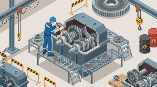 Isometric Industrial Technician Repairing Gearbox in Factory Workshop with Machinery Tools and Safety Equipment