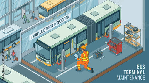 Isometric Bus Terminal Maintenance Technician Inspecting Hydraulic Door System in Modern Transit Workshop