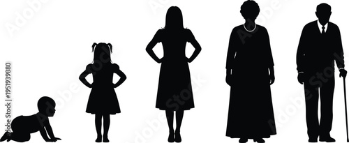 Vector illustration showing human life stages progression with silhouettes of baby, child, young adult, older woman, and elderly man with cane