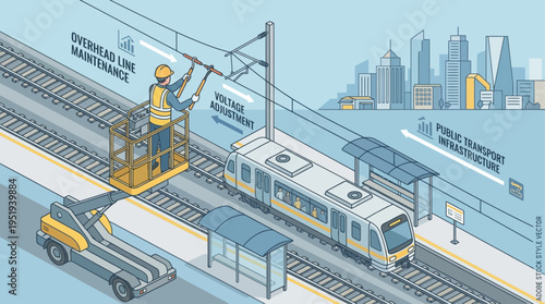 Isometric Railway Technician Performing Overhead Power Line Maintenance on Urban Metro Transit System with Safety Equipment and City Skyline