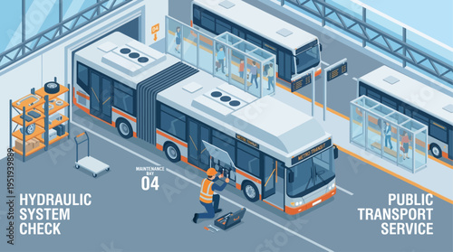 Isometric Bus Maintenance Technician Repairing Public Transport at Modern Depot, Flat Vector Illustration of Urban Transit Service and Vehicle Engineering