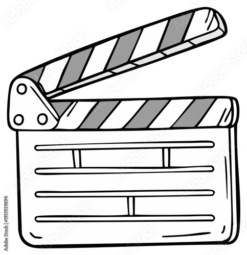 Hand drawn sketch of a film clapperboard with striped stick and matte box detail