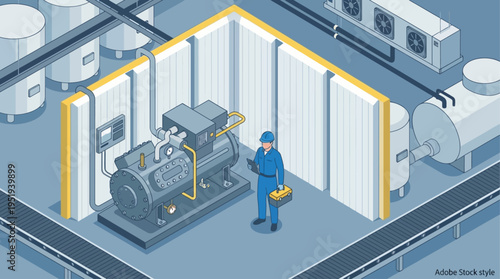 Isometric Industrial Technician Inspecting HVAC Generator System in Mechanical Room, Maintenance Engineer with Tablet and Toolbox, Factory Equipment Monitoring