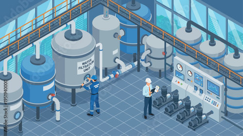 Isometric Water Filtration Plant Technician Monitoring Industrial Purification System in Modern Factory Interior with Blue Storage Tanks and Pipeline Equipment