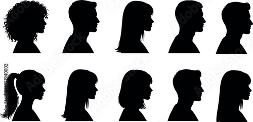 Human profile silhouette vector illustration with diverse male and female head shapes, hairstyles, side views, anonymous portrait artwork design