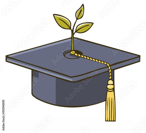Graduation cap with sprout illustrates new beginnings and future prospects