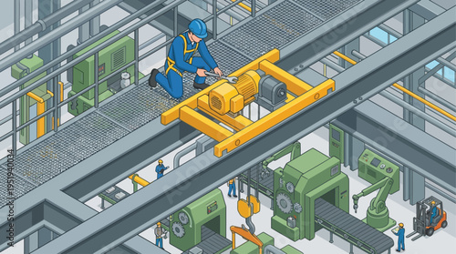 Isometric Industrial Technician Repairing Overhead Crane Motor in Modern Factory with Automated Manufacturing Equipment and Safety Gear