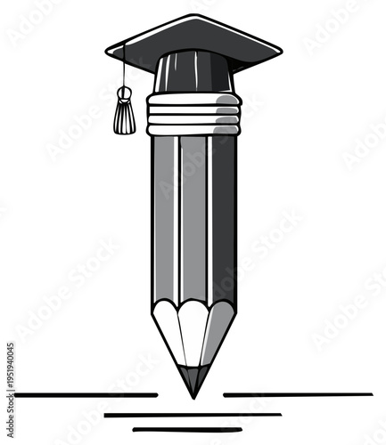 Graduation Cap on Top of a Sharp Pencil Drawing Lines Concept Illustration for Education and Academic Achievement