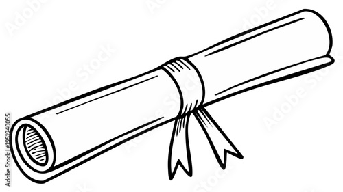 Hand drawn illustration of a rolled diploma tied with a ribbon