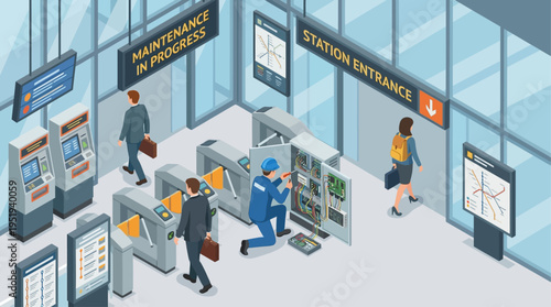Isometric Technician Repairing Metro Turnstile at Modern Train Station During Rush Hour with Business Commuters