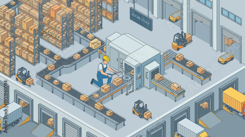 Isometric Warehouse Worker Technician Repairing Conveyor Belt Automation System in Modern Distribution Center