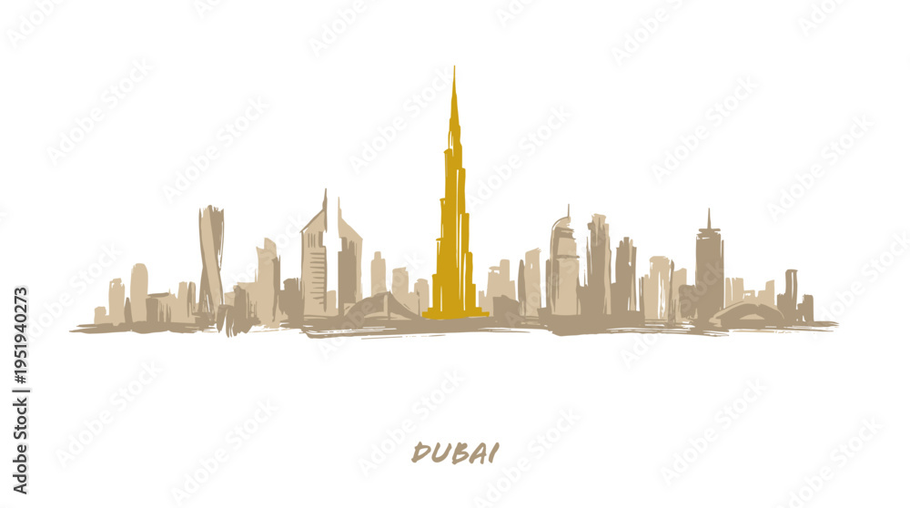 Obraz premium Stylized minimalist illustration of the Dubai skyline featuring a golden Burj Khalifa towering above other iconic buildings against a white background.