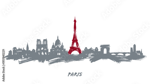 A stylized silhouette of the Paris skyline, featuring iconic landmarks like the Eiffel Tower, Notre Dame, and Arc de Triomphe, with the Eiffel Tower highlighted in red.