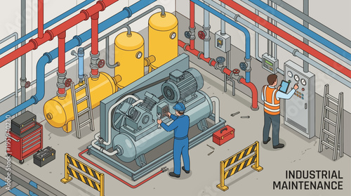 Isometric Industrial Maintenance Technicians Repairing Factory Machinery, Technical Engineers Inspecting Equipment in Manufacturing Plant with Pipeline System