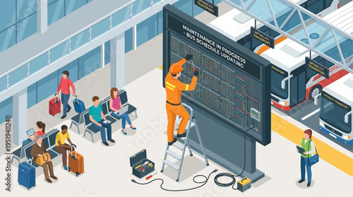 Isometric Technician Repairing Bus Station Digital Schedule Display, Public Transportation Maintenance, Urban Transit Infrastructure, Technical Worker in Safety Uniform