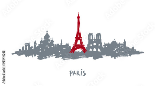 A stylized silhouette of the Paris skyline, featuring the iconic Eiffel Tower highlighted in red, set against a white background.