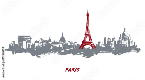 Stylized brush stroke illustration of the Paris skyline with the Eiffel Tower highlighted in red, featuring other iconic French landmarks.