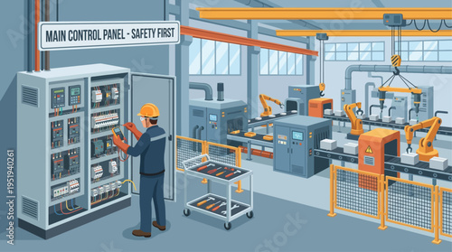 Isometric Industrial Technician Inspecting Main Control Panel in Modern Smart Factory with Automated Robotic Assembly Line and Safety Equipment