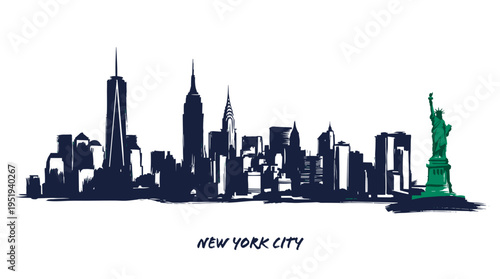 A striking silhouette of the New York City skyline, featuring iconic skyscrapers and the Statue of Liberty in a bold, graphic style.