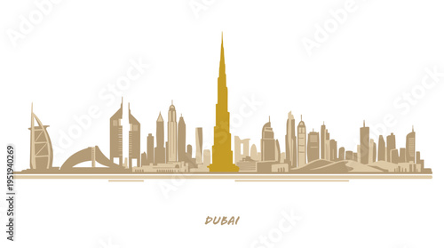 Stylized golden silhouette of the Dubai city skyline featuring iconic skyscrapers like Burj Khalifa and Burj Al Arab against a white background.