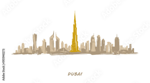 Stylized minimalist illustration of the Dubai skyline featuring a golden Burj Khalifa towering above other iconic buildings against a white background.