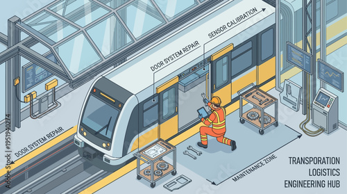 Isometric Railway Technician Repairing Modern Train in Maintenance Hub - Industrial Engineering, Transportation Technology, Public Transit Infrastructure Service