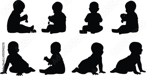 Silhouettes of babies sitting and crawling, infant development stages, posture diversity, movement study vector illustration artwork collection
