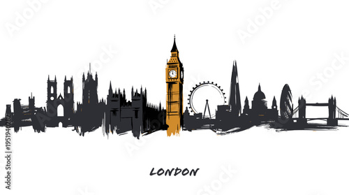 A stylized silhouette of the iconic London skyline featuring prominent landmarks like Big Ben, London Eye, and Tower Bridge, with Big Ben highlighted in gold.