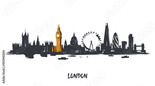 Stylized hand-drawn silhouette of the iconic London city skyline featuring famous landmarks like Big Ben, St. Paul's Cathedral, and the London Eye, with the word London below.