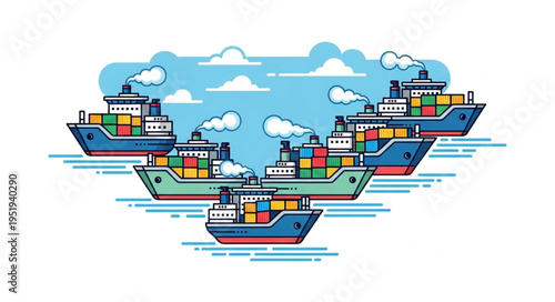 Cargo Ships in a Shipping Lane Illustration.