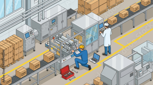 Isometric Food Factory Technician Repairing Conveyor Belt Machinery in Modern Industrial Production Line with Quality Control Inspector