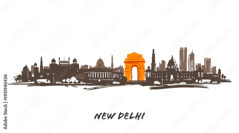 Obraz premium A stylized silhouette skyline of New Delhi, India, featuring iconic landmarks like the India Gate highlighted in orange.