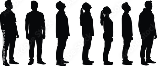 Human profile silhouettes, men and women standing in row, side view, posture variation, hairstyle distinction, artistic vector illustration design